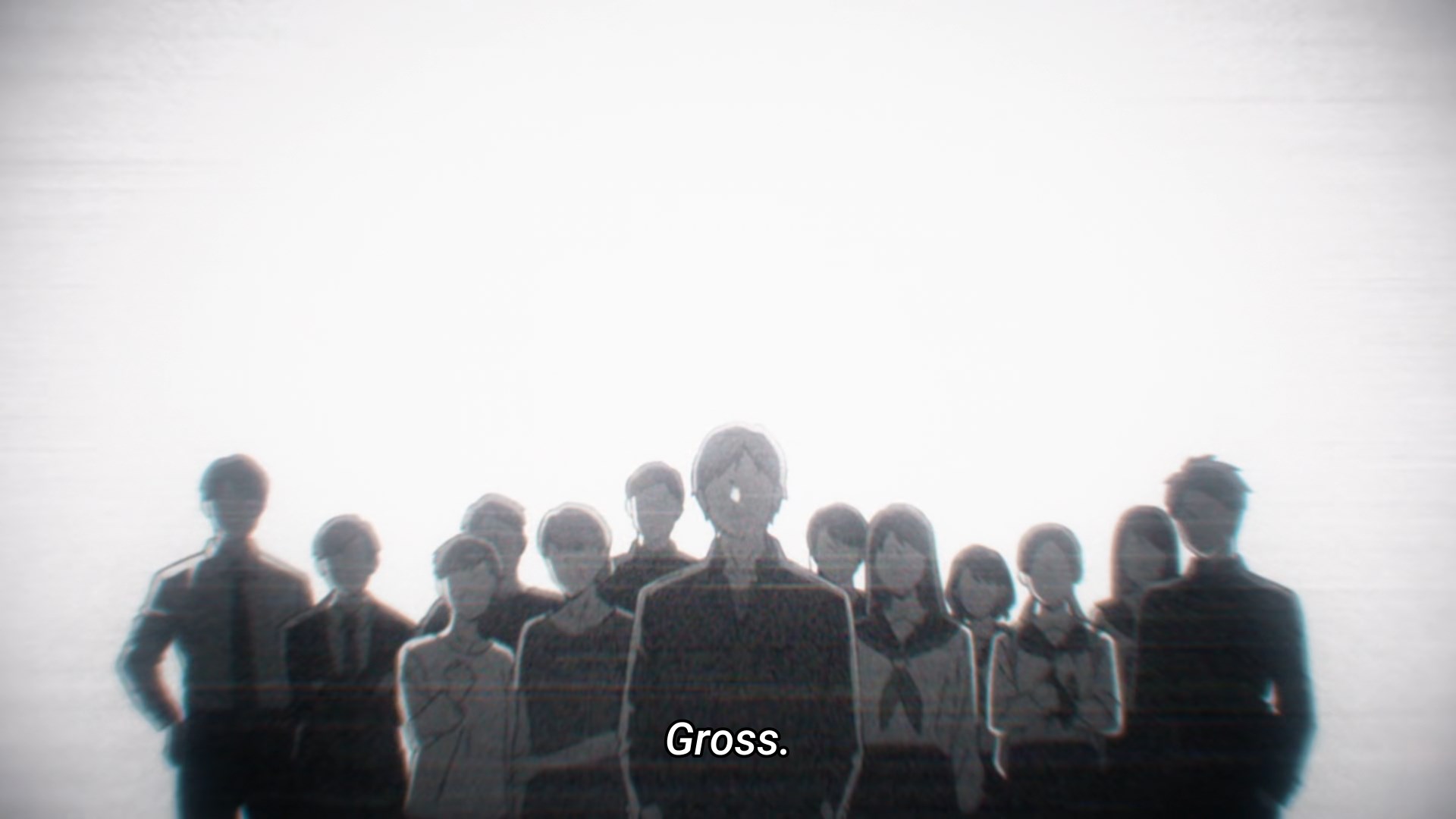 A crowd of shadowy figures is looking at the camera calling the protagonist gross